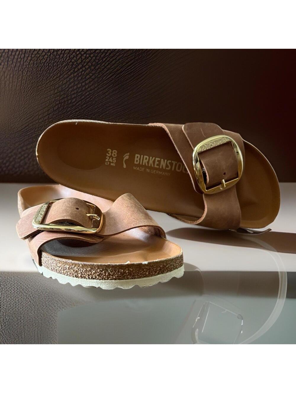 Birkenstock Madrid Big Buckle Taupe Suede Sandals EU 38 US 7.5 Gold Buckle
